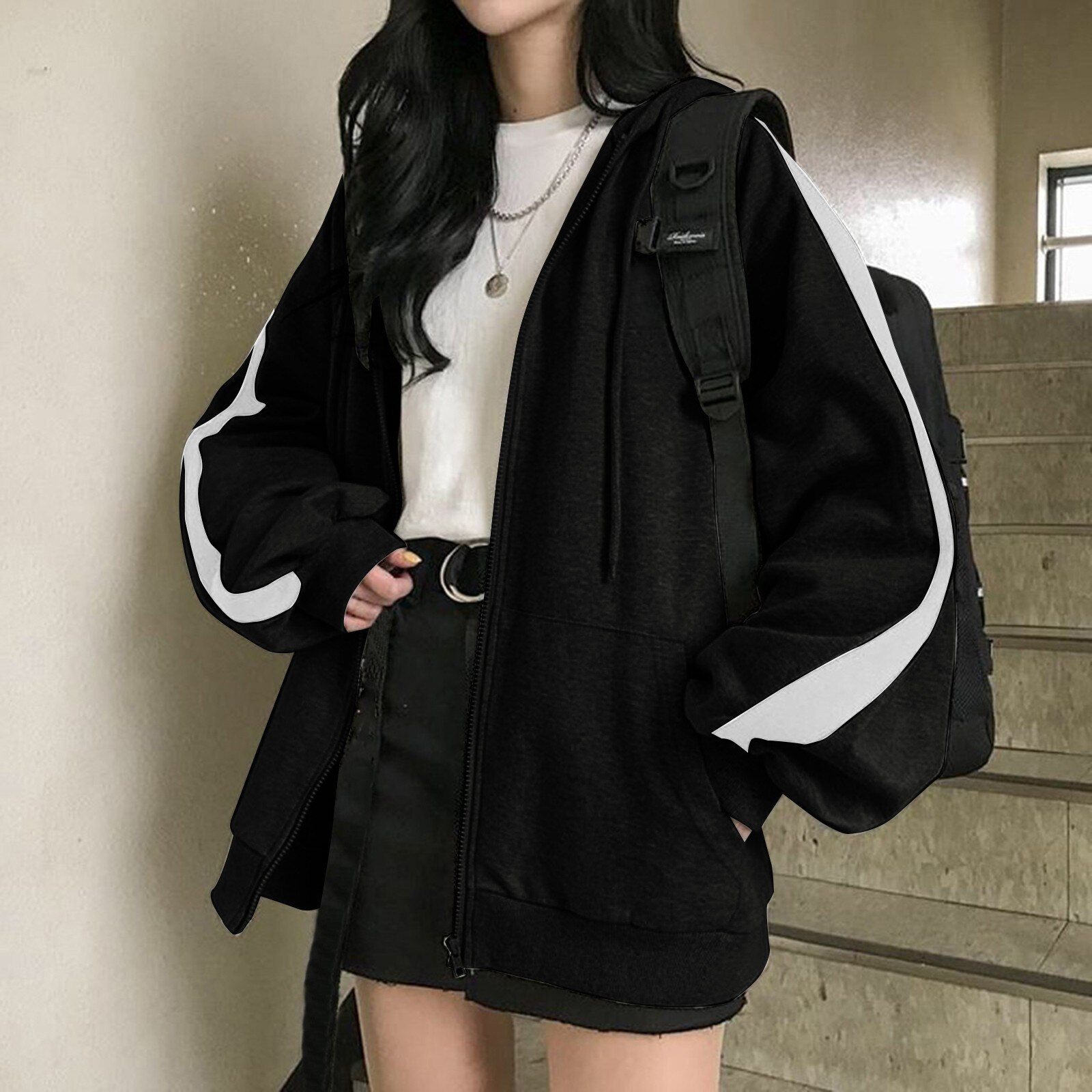 Y2k Siyah beyaz Line Detail Oversize Hırka