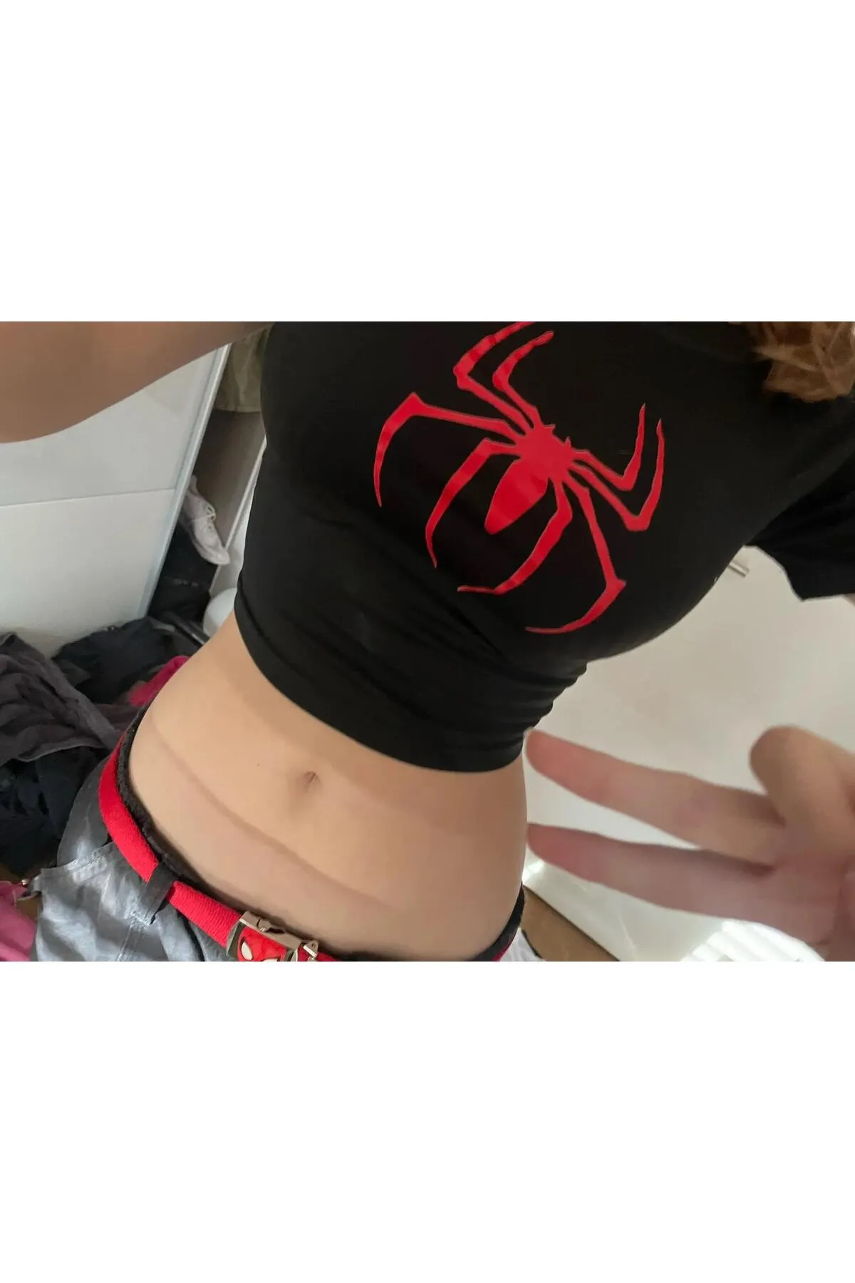 Y2k Spider Baskılı Siyah Crop