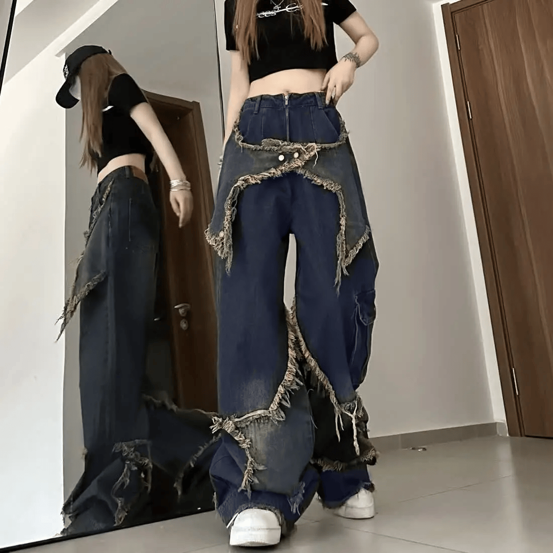 Y2k Stars Patch Detay Yıkamalı Pantolon