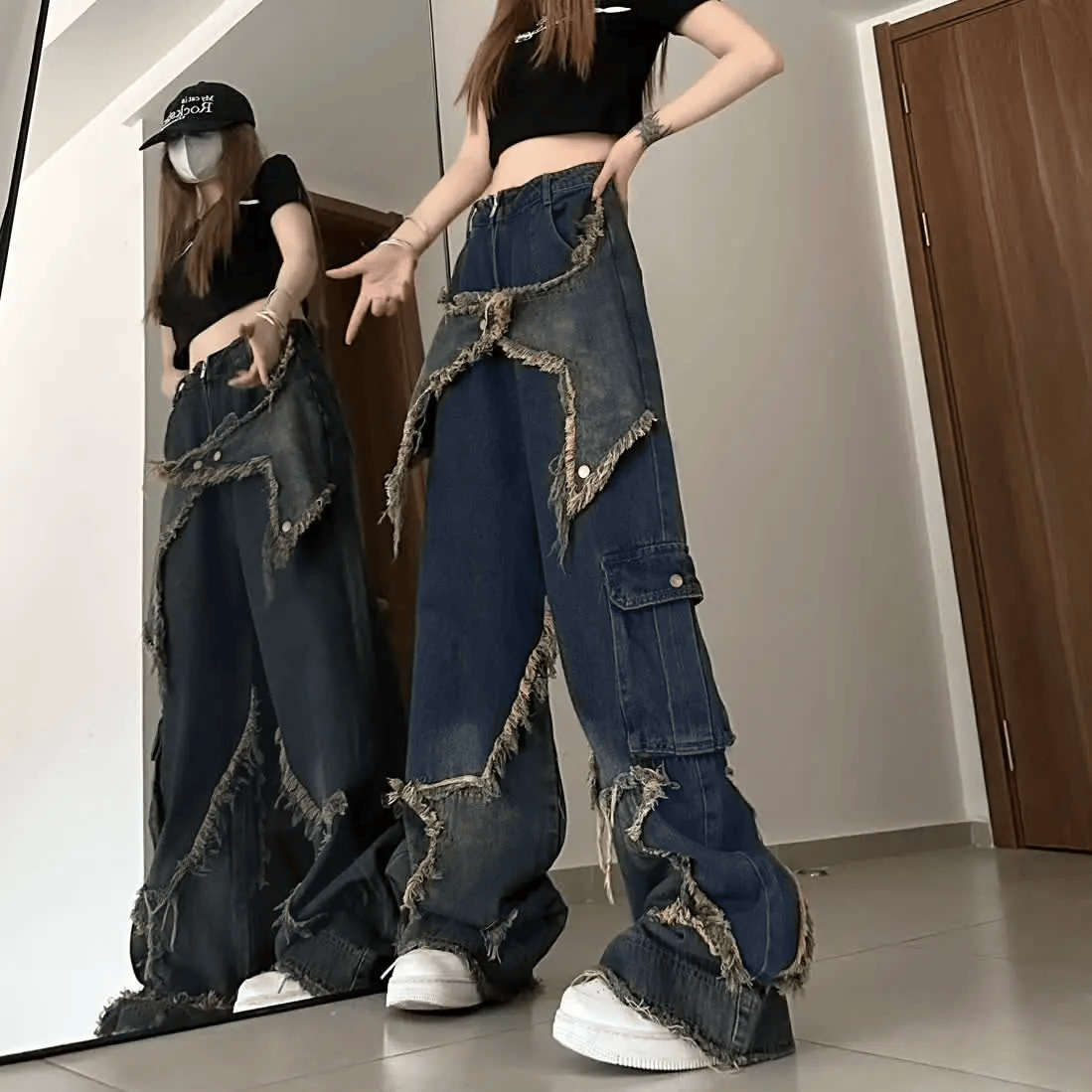 Y2k Stars Patch Detay Yıkamalı Pantolon