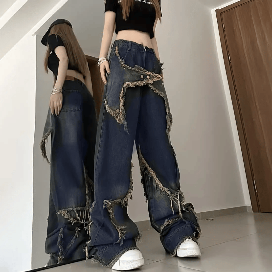 Y2k Stars Patch Detay Yıkamalı Pantolon