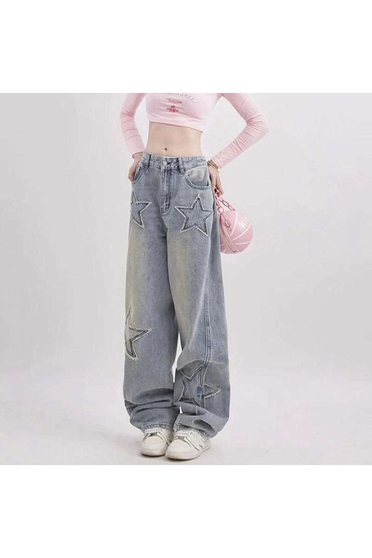Y2k Streetwear Blue Yıldız Detail Unisex Baggy Tech Pantolon