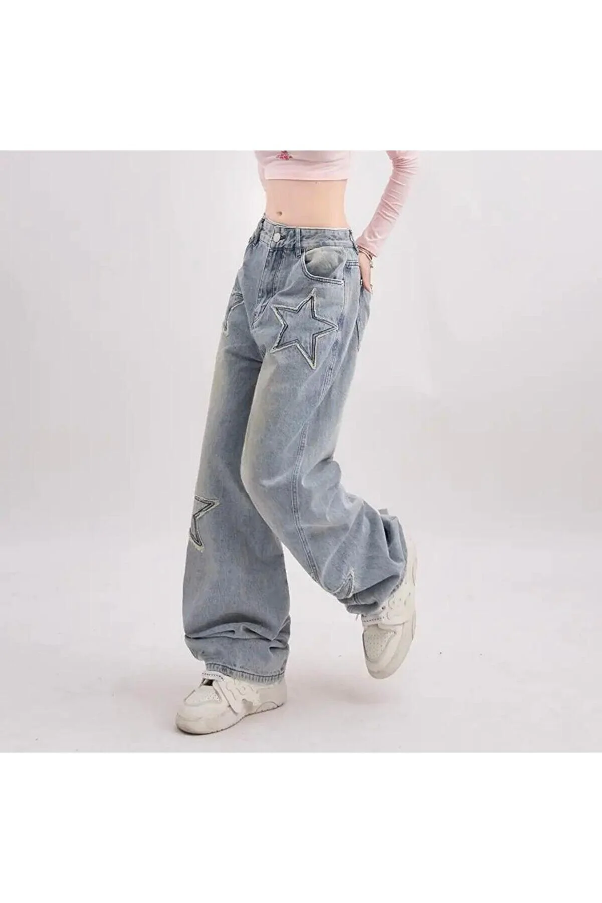 Y2k Streetwear Blue Yıldız Detail Unisex Baggy Tech Pantolon