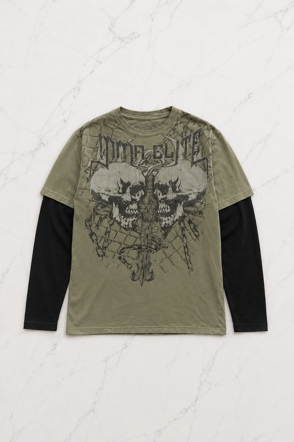 Yeşil MMA ClITE Skull Gotik Siyah Kollu Unisex Sweatshirt