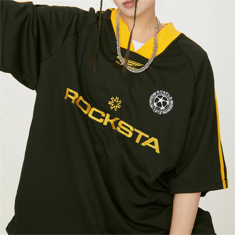 Yeşil ROCKSTA Hustle V Yaka Sarı Şeritli Unisex T-Shirt