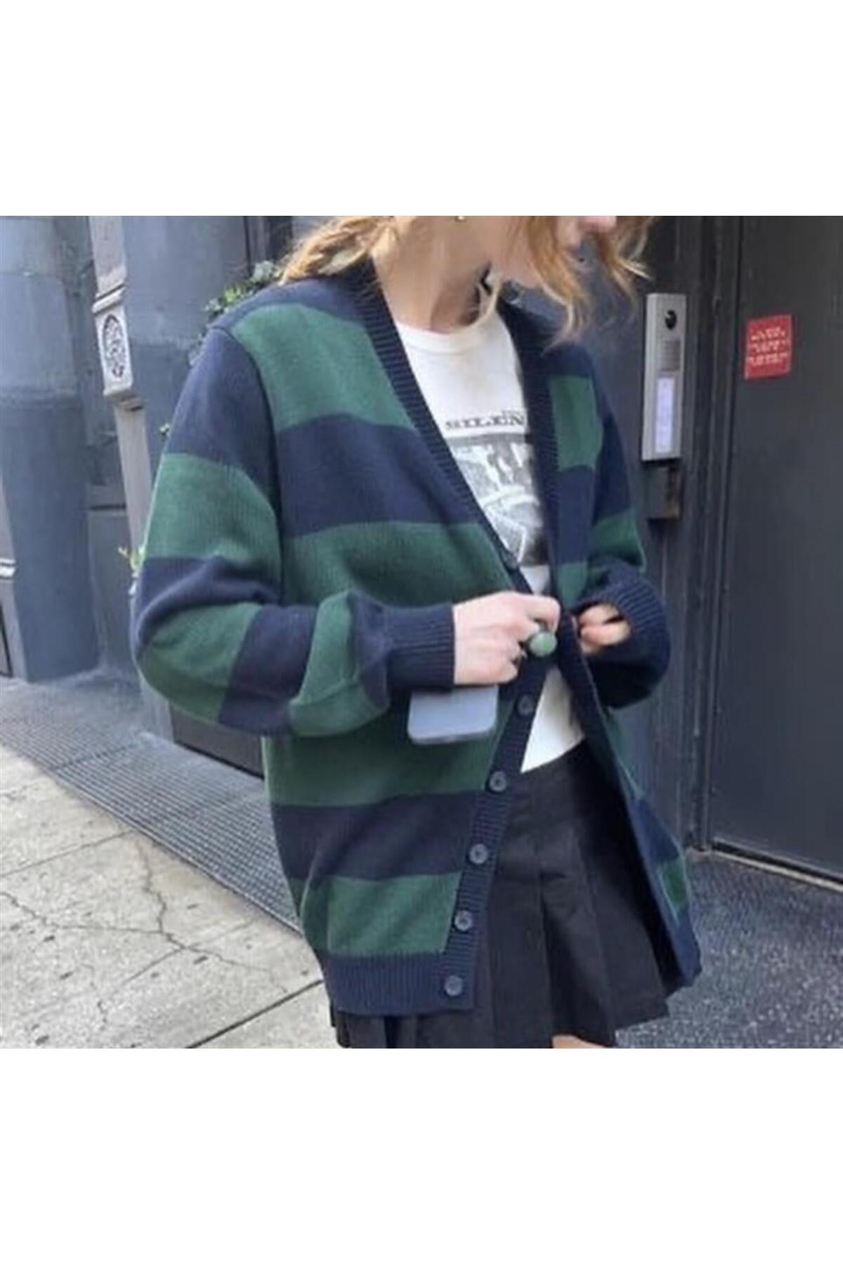 Yeşil Siyah Çizgili Triko Unisex Oversize Hırka
