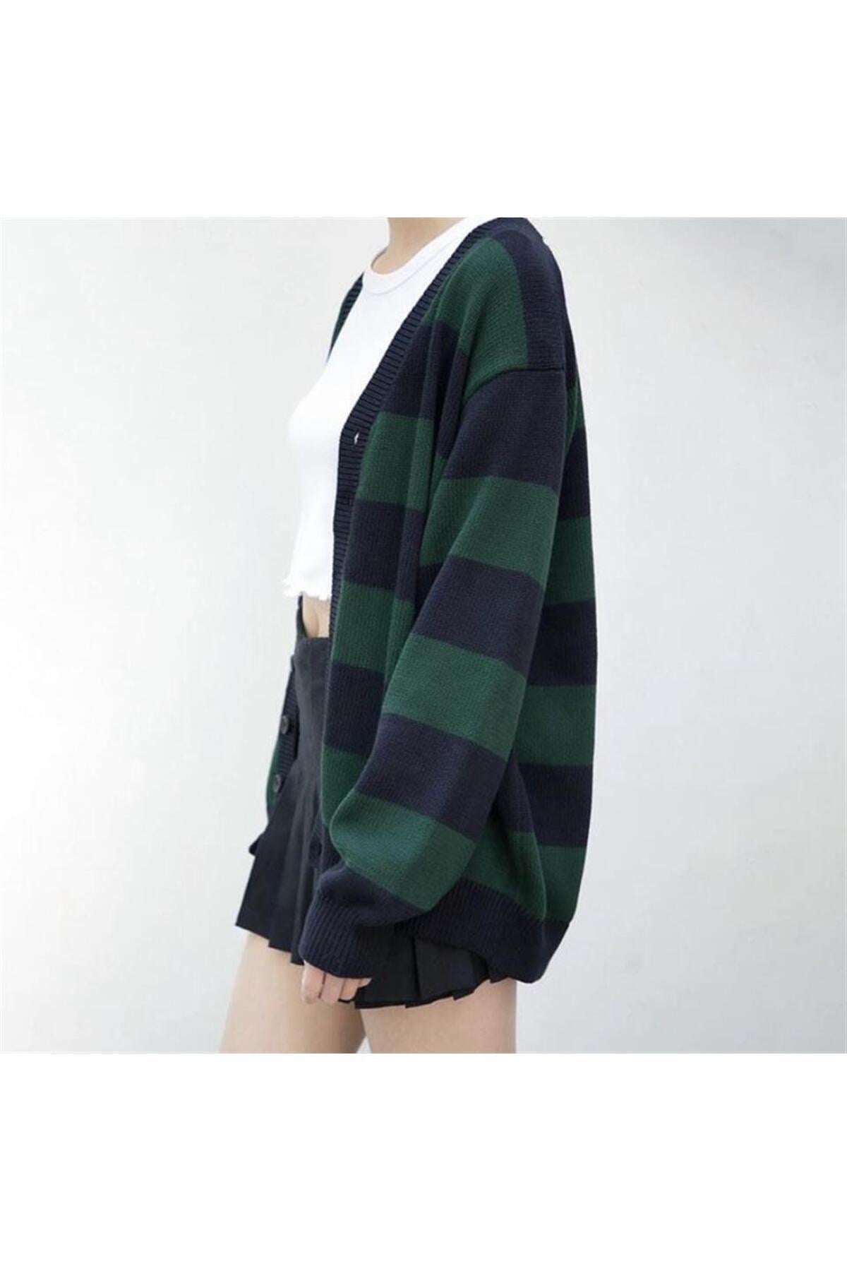 Yeşil Siyah Çizgili Triko Unisex Oversize Hırka
