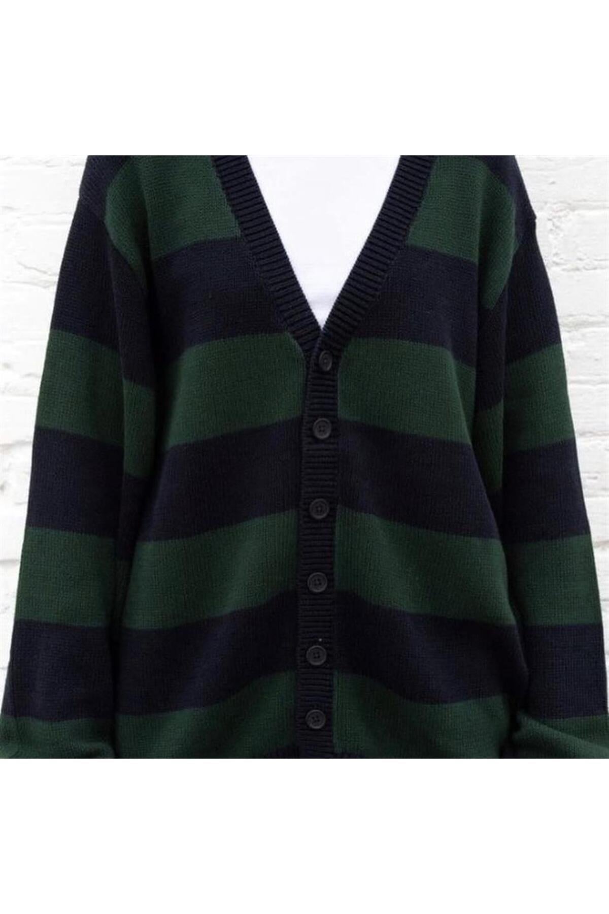 Yeşil Siyah Çizgili Triko Unisex Oversize Hırka