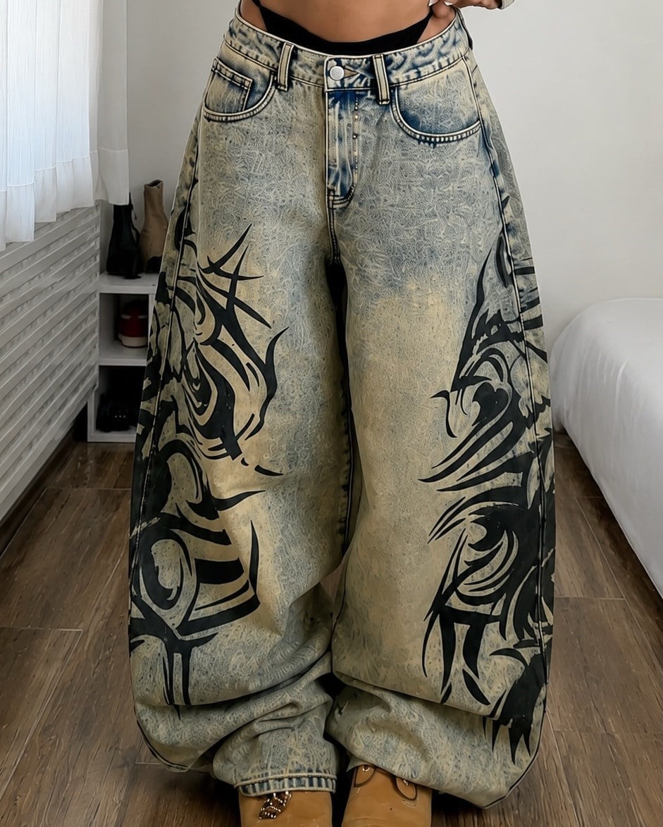 Yıkamalı Tint Dragon Detail Baggy Unisex Jean