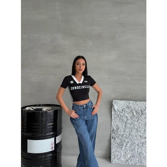 Zerocircle Y2K Baskılı Baskılı V Yaka Siyah Crop T-Shirt