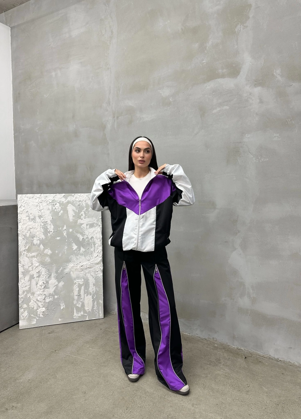 Zipper Detail Siyah Mor Unisex Oversize Eşofman