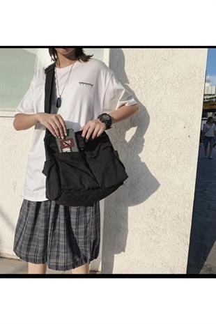 Harajuku Vintage Unisex Kargo Cep İç Hacmi Geniş Siyah Postacı Çanta