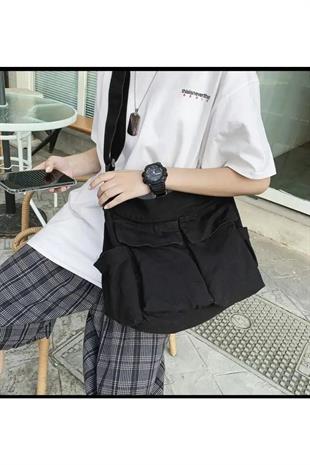 Harajuku Vintage Unisex Kargo Cep İç Hacmi Geniş Siyah Postacı Çanta