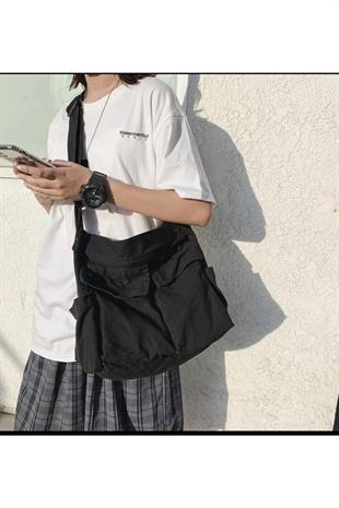 Harajuku Vintage Unisex Kargo Cep İç Hacmi Geniş Siyah Postacı Çanta