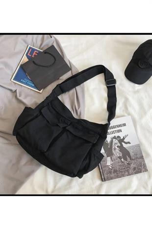 Harajuku Vintage Unisex Kargo Cep İç Hacmi Geniş Siyah Postacı Çanta