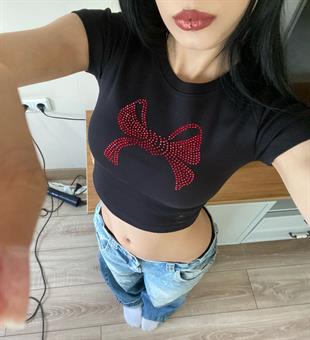  Ribbon Kırmızı Taş Baskılı Crop