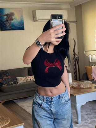  Ribbon Kırmızı Taş Baskılı Crop