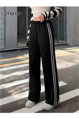  Siyah Renk Çift Şeritli Oversize Bol Paça Unisex Gothic Eşofman Altı