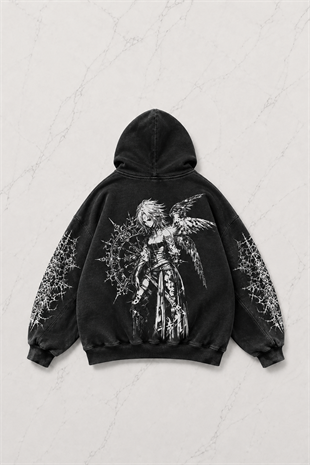  Siyah Thinking Angel Woman Gothic Kapüşonlu Sweatshirt