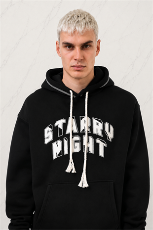 3 İplik Şardonlu Star Nıght Siyah Nakışlı Oversize Kapüşonlu Sweatshirt