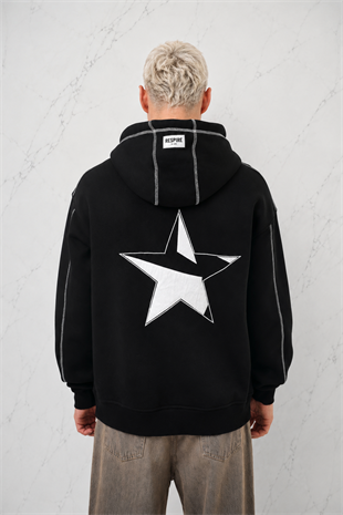 3 İplik Şardonlu Star Nıght Siyah Nakışlı Oversize Kapüşonlu Sweatshirt