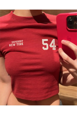 54 Baskılı Kırmızı Crop Bluz