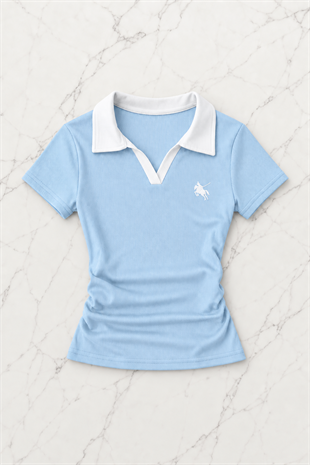 Açık Mavi Solo Polo Yaka Beyaz Yakalı Bluz