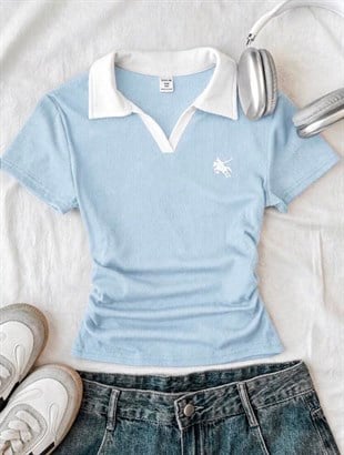 Açık Mavi Solo Polo Yaka Beyaz Yakalı Bluz