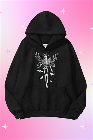 Angel Skeleton Siyah Kapüşonlu Oversize Unisex Sweatshirt