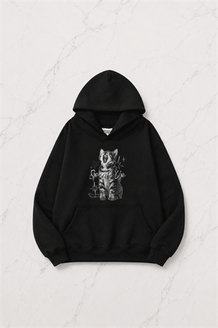 Angry Cat Siyah Kapüşonlu Oversize Unisex Sweatshirt