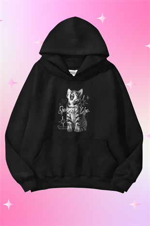 Angry Cat Siyah Kapüşonlu Oversize Unisex Sweatshirt