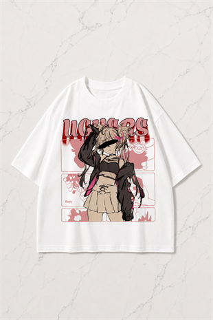 Anime Girl Detaylı Oversize Unisex Beyaz T-shirt