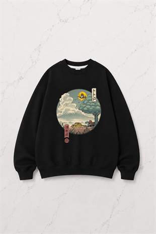 Anime Harajuku Totoro Baskılı Siyah Unisex Oversize Bisiklet Yaka Sweatshirt