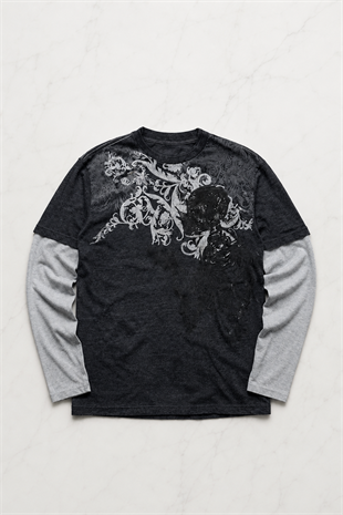 Antrasit Skull Motifli Beyaz Unisex Sweatshirt