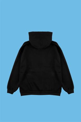 AOAMOB Logo Baskılı Oversize Unisex Fermuarlı Siyah Hoodie