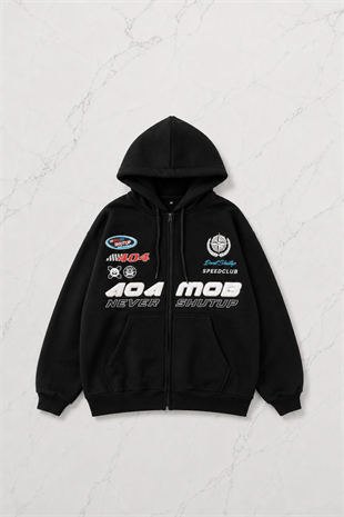 AOAMOB Logo Baskılı Oversize Unisex Fermuarlı Siyah Hoodie