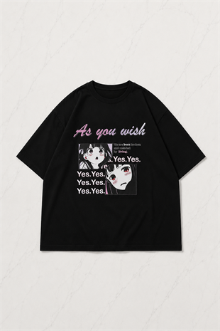 As You Wish Detaylı Oversize Unisex Siyah T-shirt