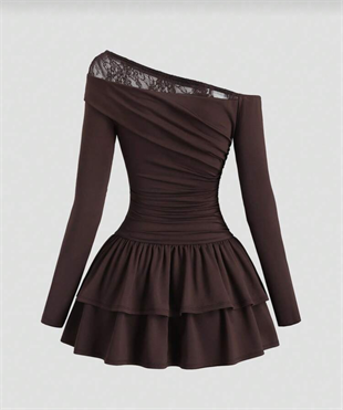 Asimetrik Lace Fırfırlı Lolita Elbise - Kahverengi