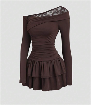Asimetrik Lace Fırfırlı Lolita Elbise - Kahverengi