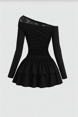 Asimetrik Lace Fırfırlı Lolita Elbise - Siyah