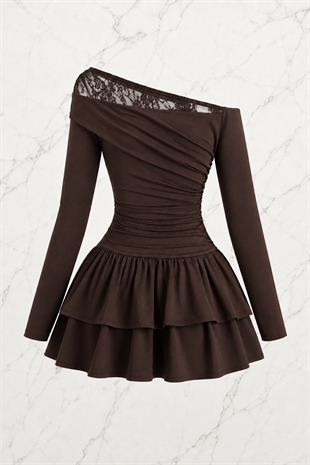 Asimetrik Lace Fırfırlı Lolita Elbise - Kahverengi