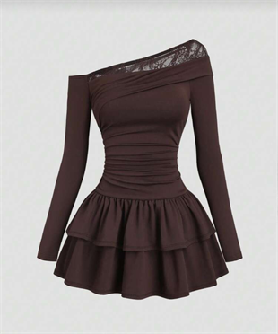 Asimetrik Lace Fırfırlı Lolita Elbise - Kahverengi