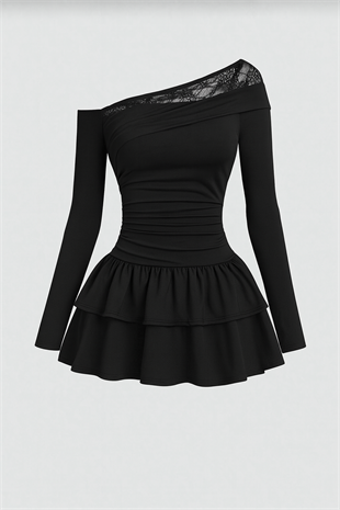 Asimetrik Lace Fırfırlı Lolita Elbise - Siyah