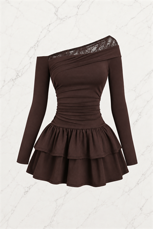 Asimetrik Lace Fırfırlı Lolita Elbise - Kahverengi