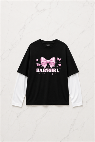 Baby Girl Baskılı Siyah Reglan Kol Uzun T-shirt