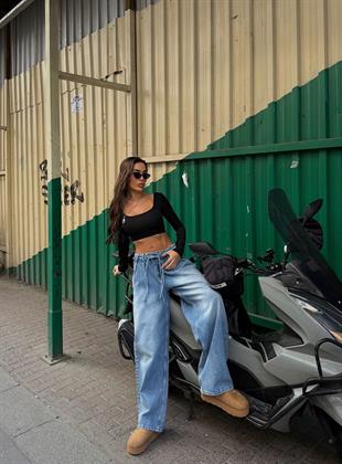 Bağcık Detaylı Mavi Loose Fit Bol Paça Pantolon