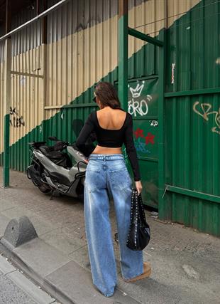 Bağcık Detaylı Mavi Loose Fit Bol Paça Pantolon