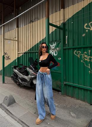 Bağcık Detaylı Mavi Loose Fit Bol Paça Pantolon