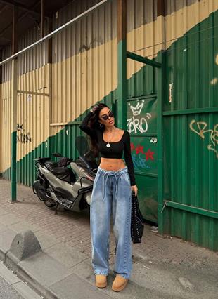 Bağcık Detaylı Mavi Loose Fit Bol Paça Pantolon