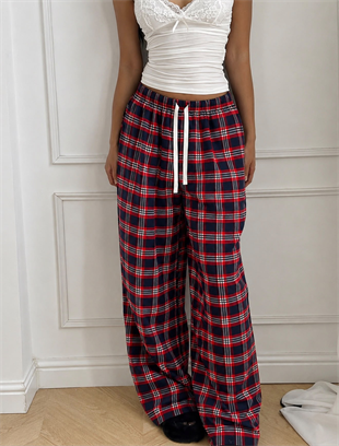 Baggy Unisex Ekose Eşofman Altı - Bordo Lacivert